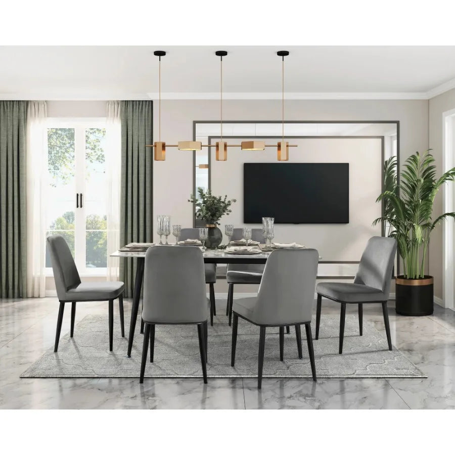 Sleek Design 7pc Dining Table and Gray Velvet Chairs Contemporary Sintered Stone Top Metal Frame Furniture