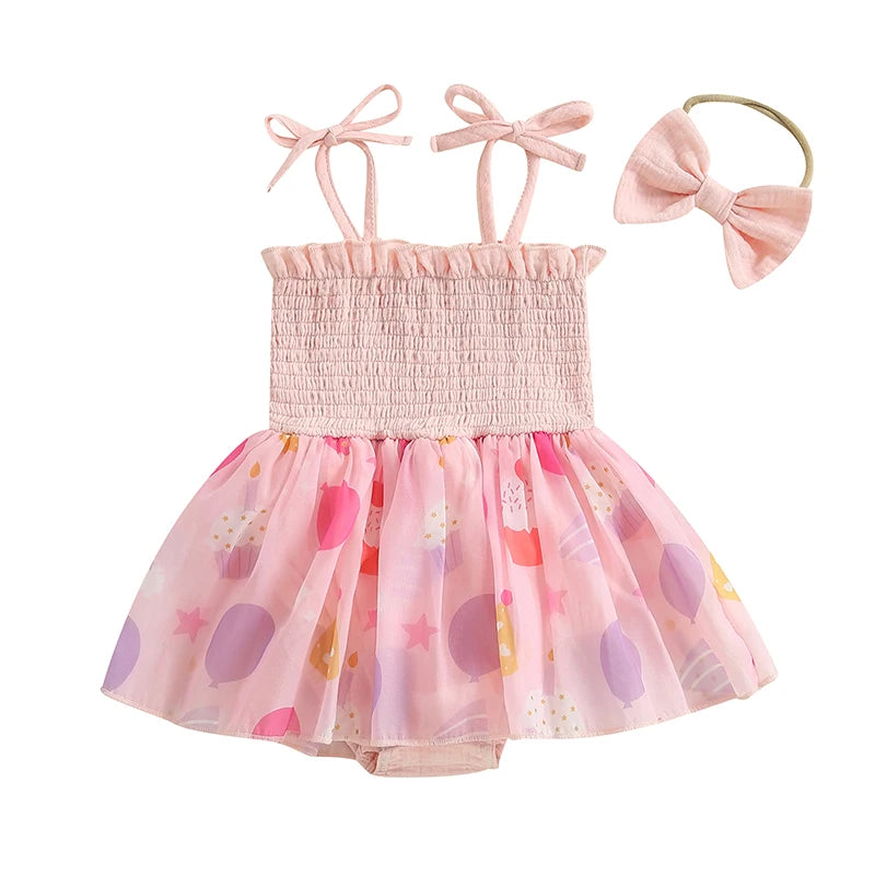 Baby Girl Floral Print Ruffle Sleeve Romper Dress with Matching Headband 2 Piece Set for Summer Outings and Parties