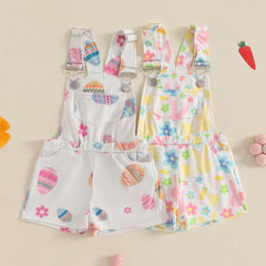 3-7Years Kids Girl Overalls Rompers Easter Egg/Bunny Print Sleeveless Square Neck Suspender Romper Toddlers Jumpsuit