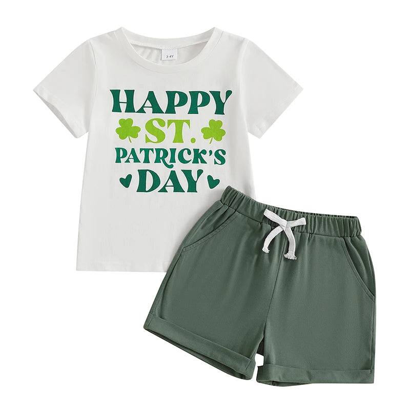 3-7Years Kids Boys Summer Outfit Short Sleeve Letters Print T-shirt with Casual Shorts Children 2Pieces Sets for St.Patricks Day