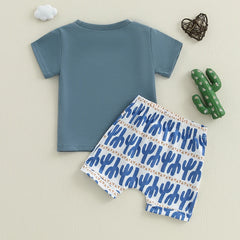 Infant Cowboy Style Shirt and Shorts Set with Letter Print and Cactus Design Elastic Waistband for Comfort