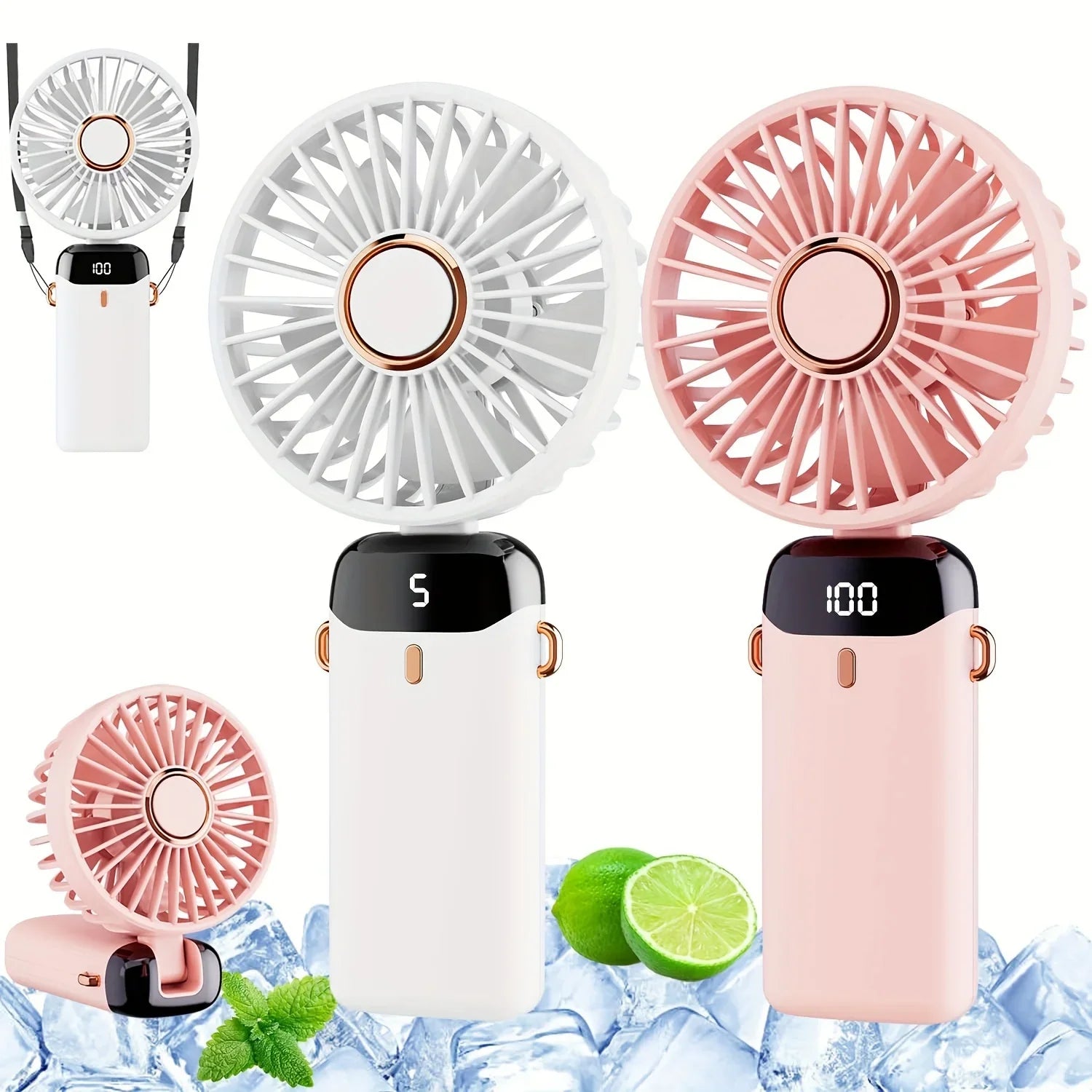 Portable Handheld Fan 2 Pack, Rechargeable Mini Foldable Fan with 5 Speeds and Power Display for Indoor Outdoor Travel Camping