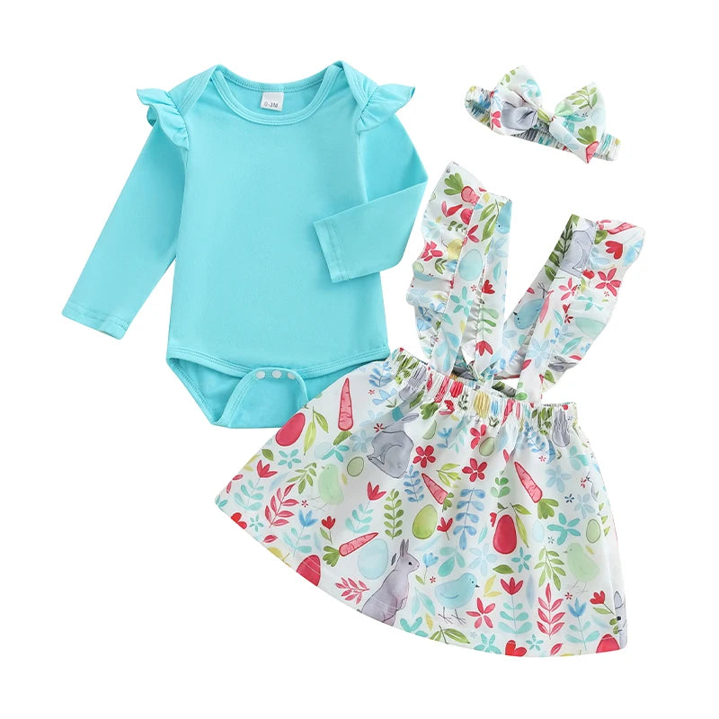 Adorable Infant Easter Ensemble with Bunny Print Suspender Skirt Solid Romper and Matching Headband - 3-Piece Set for Baby