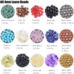 4mm Natural Mixed Materials Gemstones Beads and Brass Tiny Spacer Round Loose Beads Jewelry Making KIT with Thread and Needles