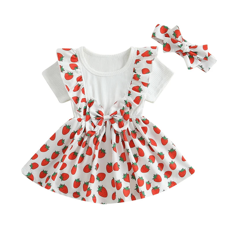 Cute Baby Girls Floral Print Sleeveless Romper Dress with Bow Headband Set Round Neck Ruffles Skirt Hem Infant Jumpsuits