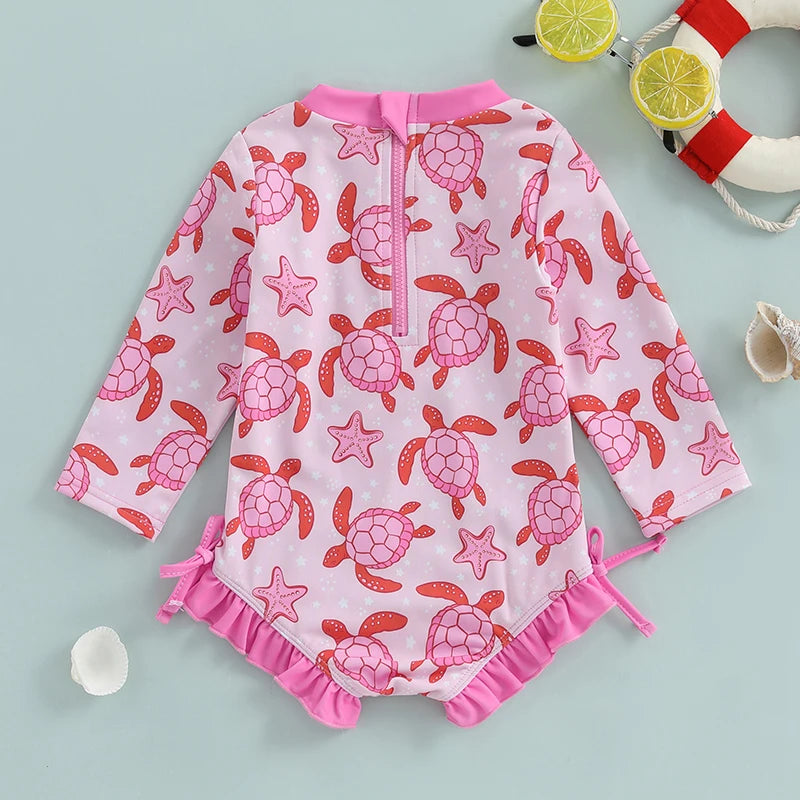 Infant Girls  Swimsuit with UPF 50 Sun Protection Long Sleeve Floral Print Baby Ruffles Bathing Suit Swimwear