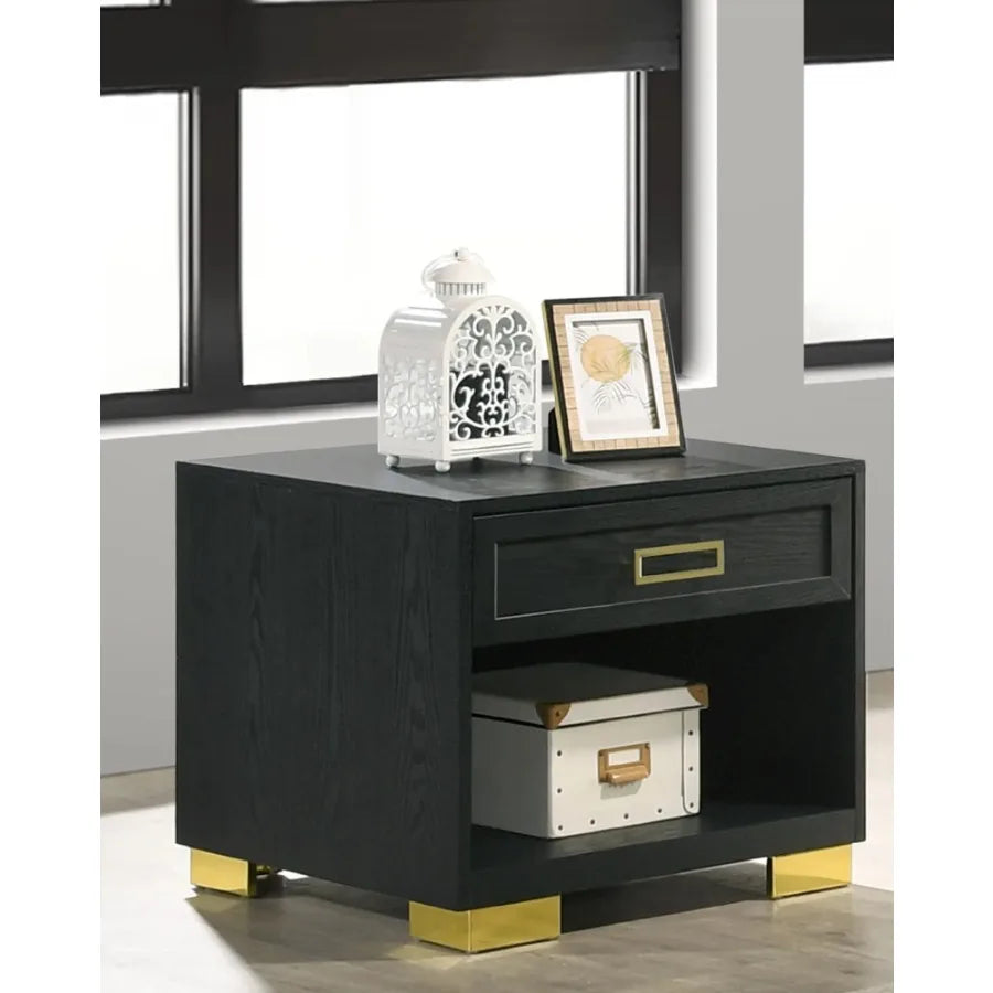 Contemporary Square End Table Storage Drawer Open Shelf Black Gold Metal Pull Knob Living Room Bedroom Wooden Modern Furniture