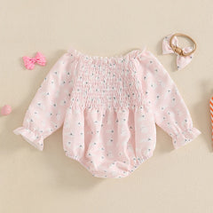 Adorable Toddler Girls Floral Print Ruffle Sleeve Rompers with Matching Bow Headband Set for Spring Outfits