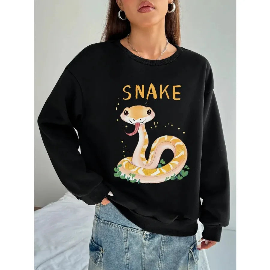 Basic Women Casual Long Sleeve Yellow Snake Print Round Neck Pullover for Spring Autumn