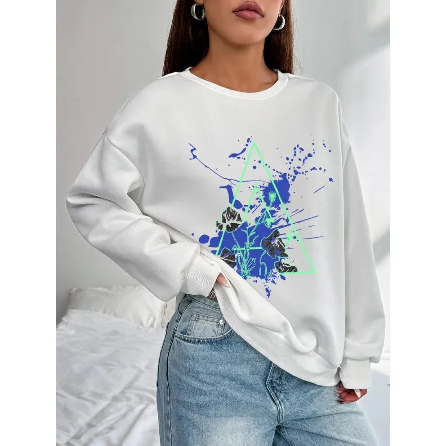 Women Basic Casual Pullover Spring Autumn Long Sleeve Triangles Printed Round Neck