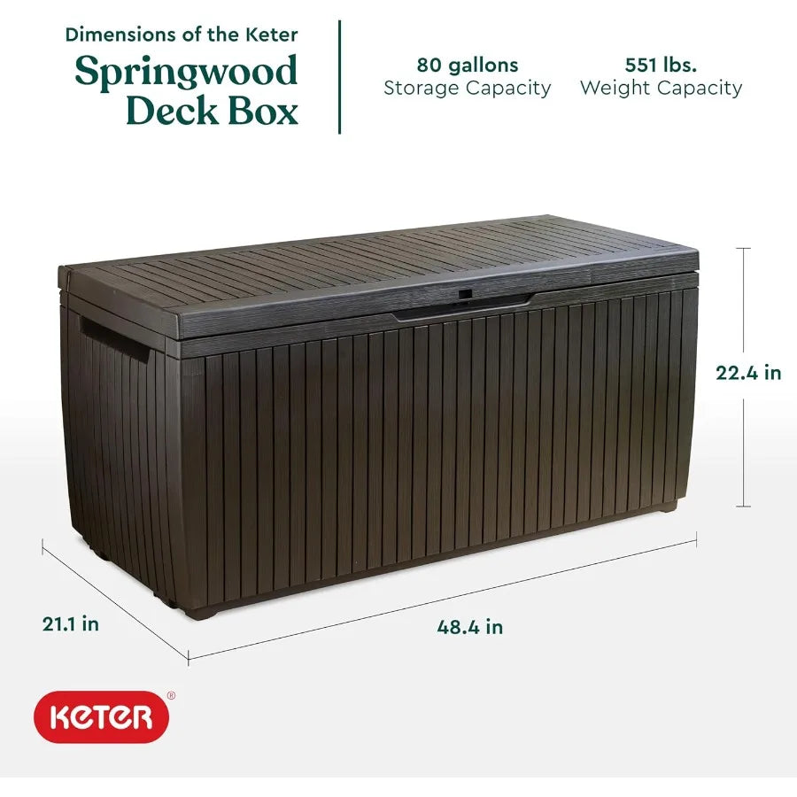 Keter Springwood 80 Gallon Resin Outdoor Storage Box for Patio Furniture Cushions Pool Toys and Garden Tools with Handles Brown