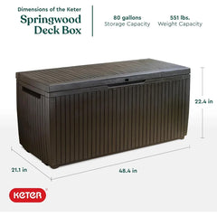 Keter Springwood 80 Gallon Resin Outdoor Storage Box for Patio Furniture Cushions Pool Toys and Garden Tools with Handles Brown