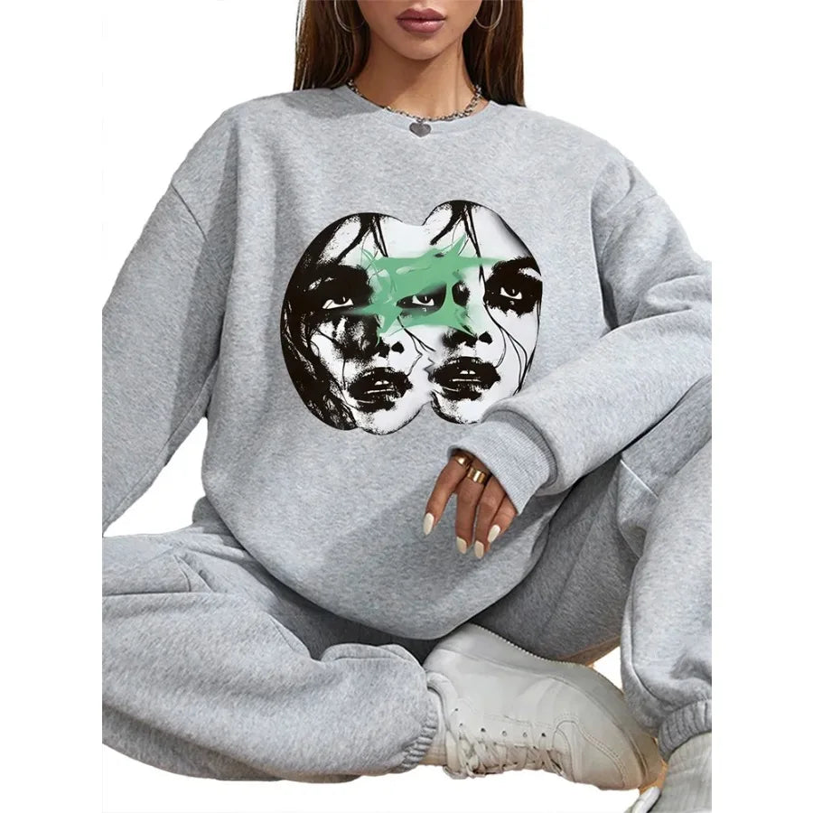 Women Basic Casual Pullover Long Sleeve Printed Round Neck Spring Autumn