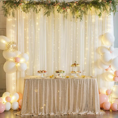 10x10ft Ivory Chiffon Backdrop Curtain with Lights String for Wedding Parties Baby Shower, Tulle Backdrop Curtains for Birthday