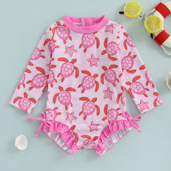 Infant Girls  Swimsuit with UPF 50 Sun Protection Long Sleeve Floral Print Baby Ruffles Bathing Suit Swimwear