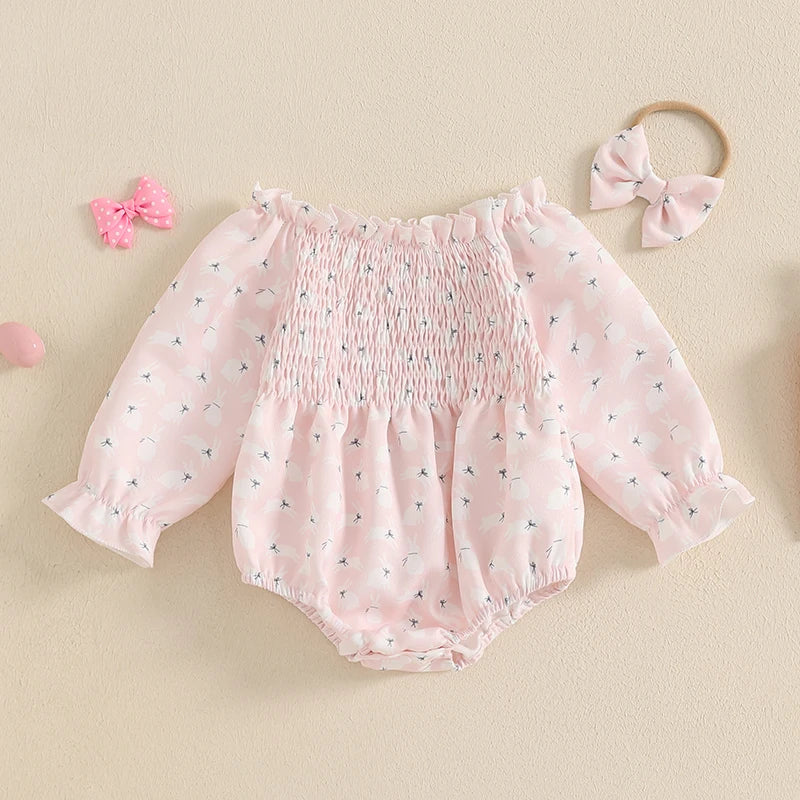 Adorable Toddler Girls Floral Print Ruffle Sleeve Rompers with Matching Bow Headband Set for Spring Outfits