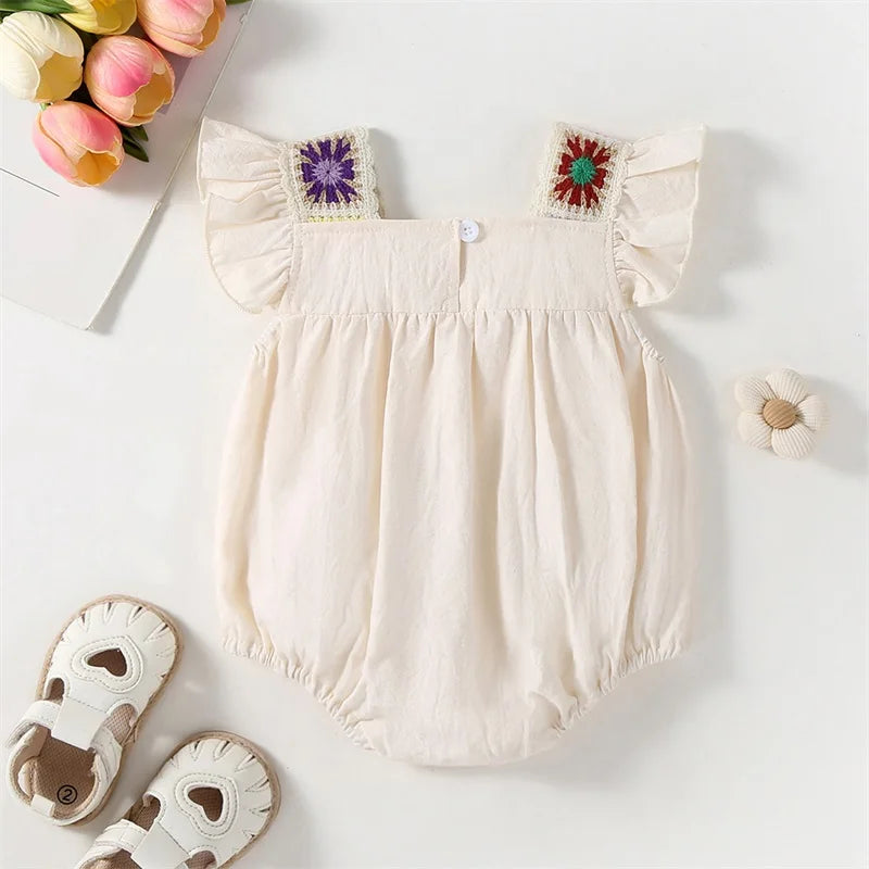 Infant Floral Lace Romper with Flutter Sleeves and Square Neckline Adorable Baby Girl Summer Playsuit Jumpsuit