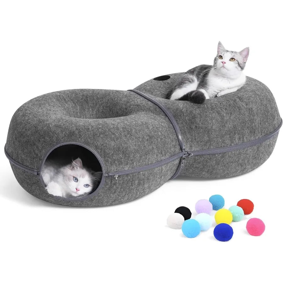 Large Cat Tunnel Bed 8-Shaped Indoor Cat Cave with 12 Toy Balls for Cats up to 30 Pounds Dark Grey L 38x24x11in