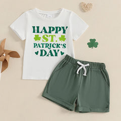 3-7Years Kids Boys Summer Outfit Short Sleeve Letters Print T-shirt with Casual Shorts Children 2Pieces Sets for St.Patricks Day