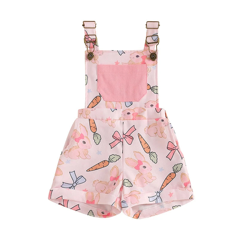 Adorable Infant Easter Romper Sleeveless Square Neck Bunny Print Overalls Suspender Jumpsuit with Bow Detail