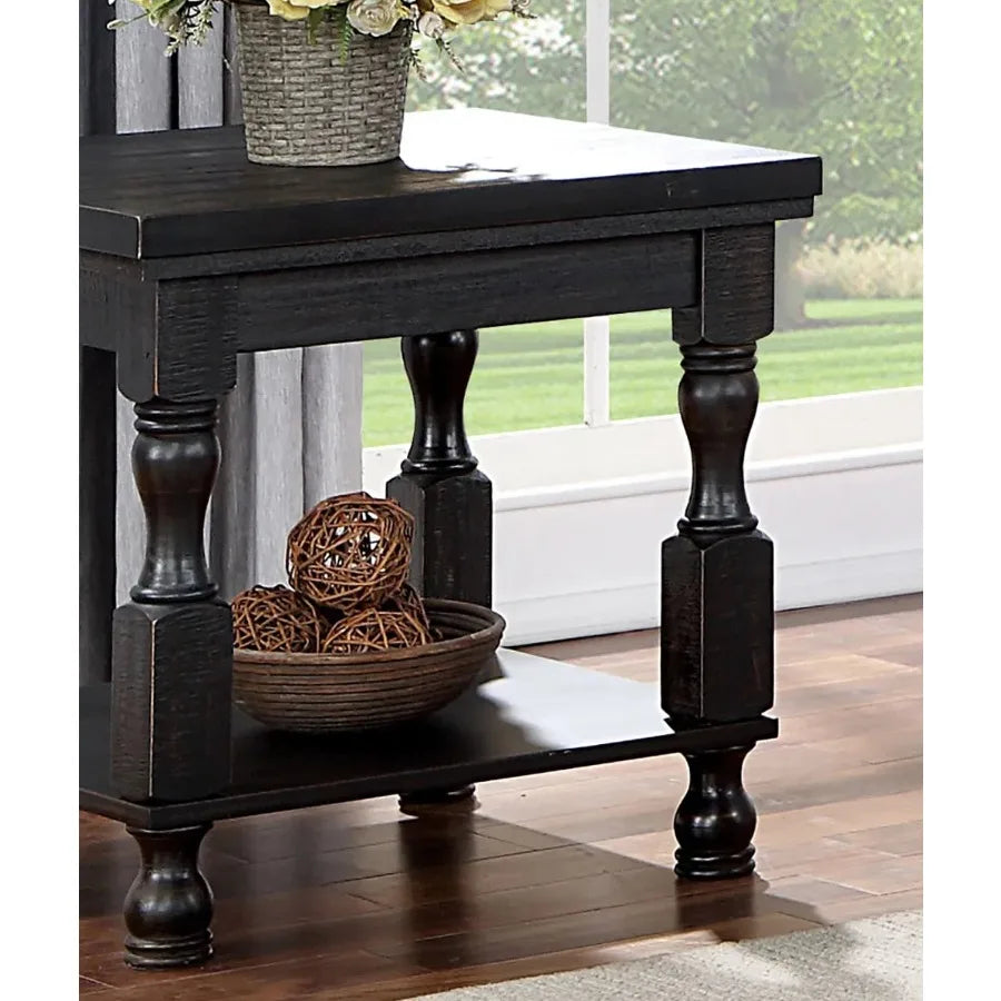 Rustic Style Antique Black 1pc End Table with Open Bottom Shelf Plank Style Top for Living Room Furniture