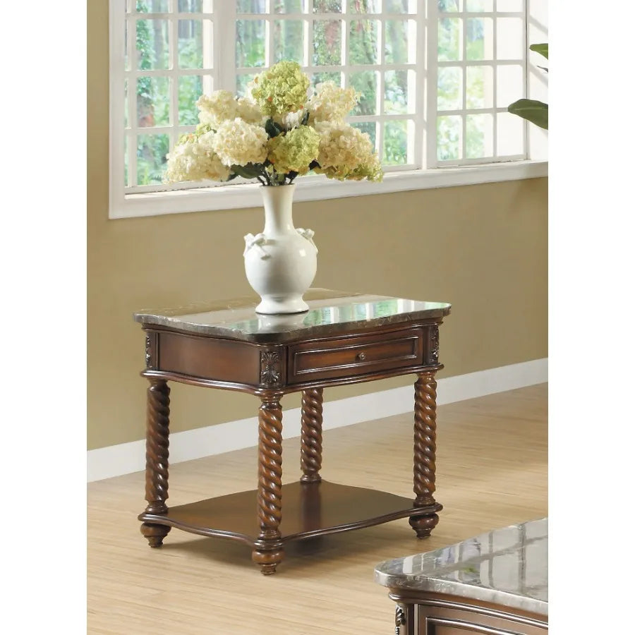 Formal Marble Top End Table Drawer Lower Shelf Mahogany Finish Spiral Turned Legs Wooden 1pc Living Room Furniture Side Table