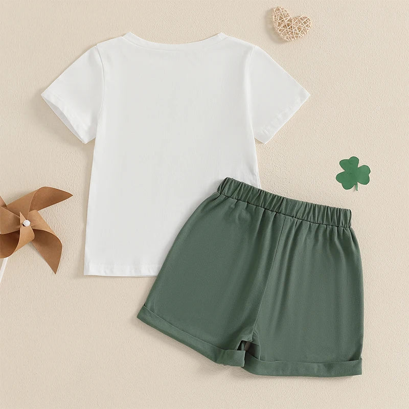 3-7Years Kids Boys Summer Outfit Short Sleeve Letters Print T-shirt with Casual Shorts Children 2Pieces Sets for St.Patricks Day