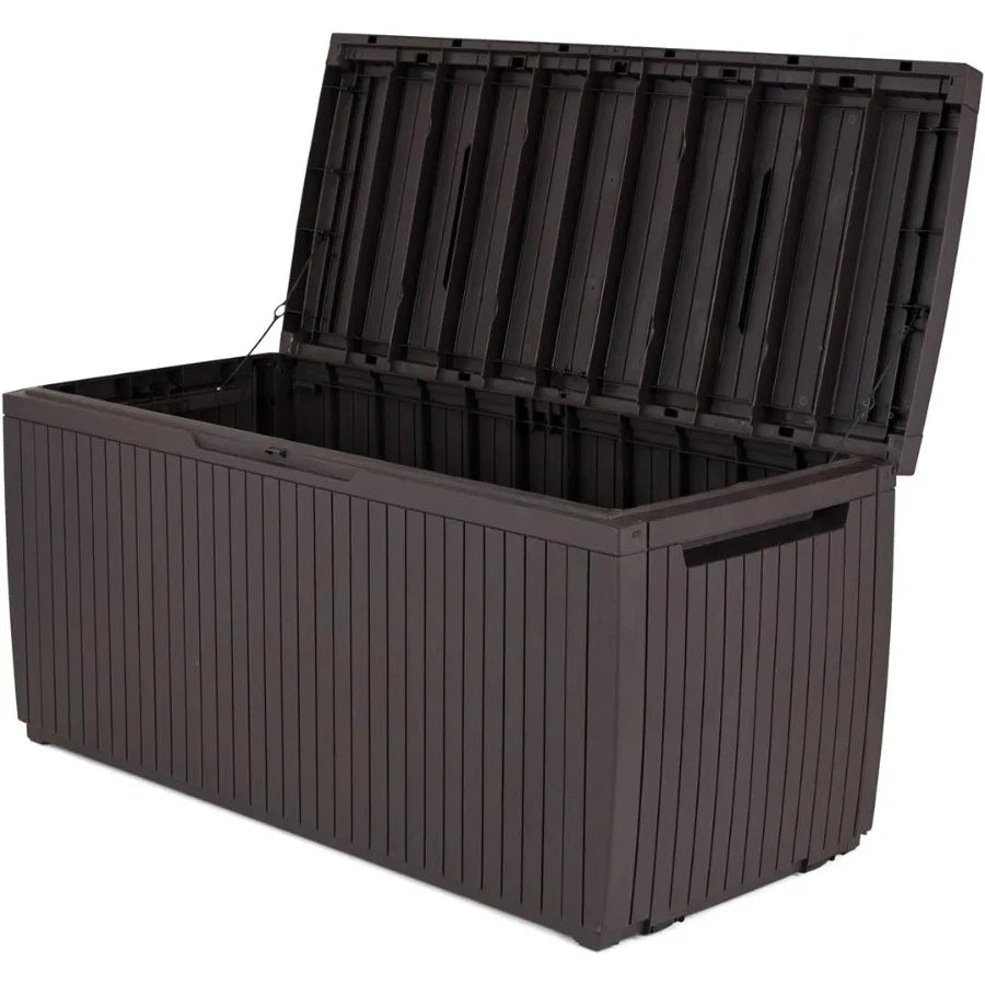 Keter Springwood 80 Gallon Resin Outdoor Storage Box for Patio Furniture Cushions Pool Toys and Garden Tools with Handles Brown