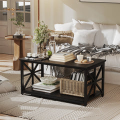 Coffee Tables for Living Room Farmhouse Style Center Table with Storage Shelf X-Shaped Sturdy Frame Easy Assembly Home Furniture