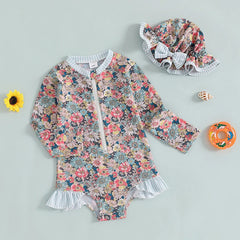 Girls Summer Swimsuit Set with Floral Print Ruffled Zipper Rash Guard Long Sleeve and Matching Bow Hat for Toddlers - Cute