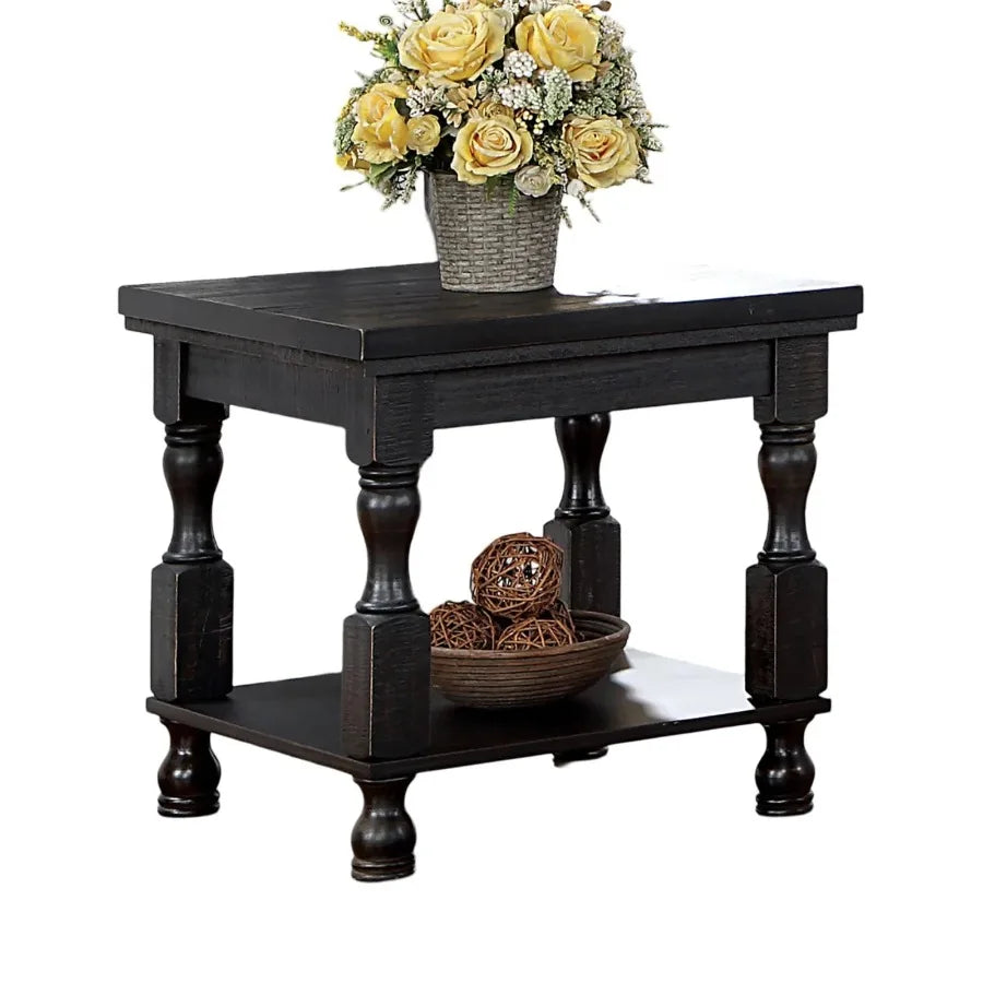 Rustic Style Antique Black 1pc End Table with Open Bottom Shelf Plank Style Top for Living Room Furniture