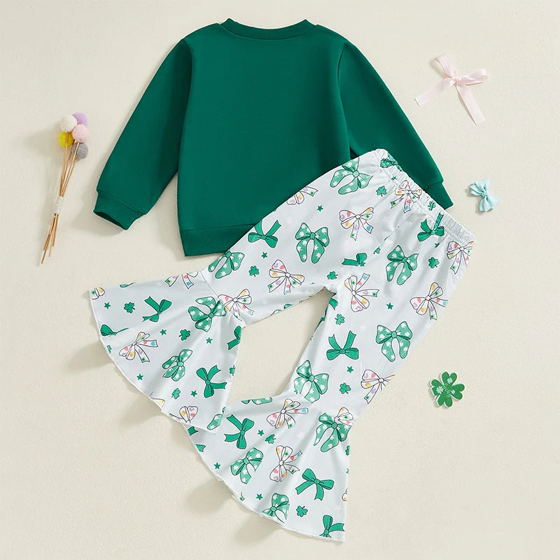 Women s St Patrick s Day Outfit Long Sleeve Crew Neck Sweatshirt with Bow and Clover Print Flared Pants Set