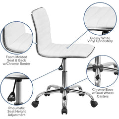 Flash Furniture Alan Low-Back Ribbed Upholstered Vinyl Swivel Desk Chair with Padded Seat Modern Adjustable Height Padded Offic