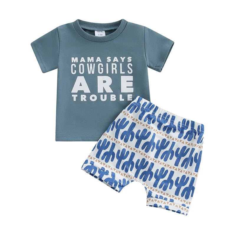 Infant Cowboy Style Shirt and Shorts Set with Letter Print and Cactus Design Elastic Waistband for Comfort