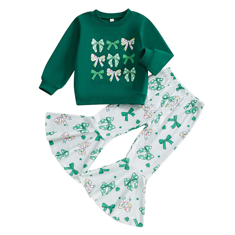 Women s St Patrick s Day Outfit Long Sleeve Crew Neck Sweatshirt with Bow and Clover Print Flared Pants Set