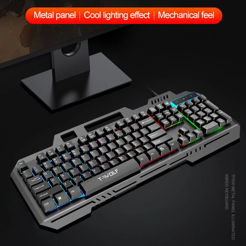 New T16 Gaming Keyboard Metal Plate Backlit Color Luminous USB Wired Game Keyboards for Home Desktop Computer Business Office