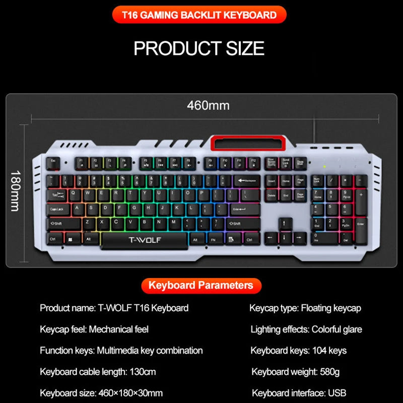 New T16 Gaming Keyboard Metal Plate Backlit Color Luminous USB Wired Game Keyboards for Home Desktop Computer Business Office