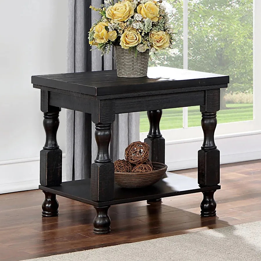 Rustic Style Antique Black 1pc End Table with Open Bottom Shelf Plank Style Top for Living Room Furniture