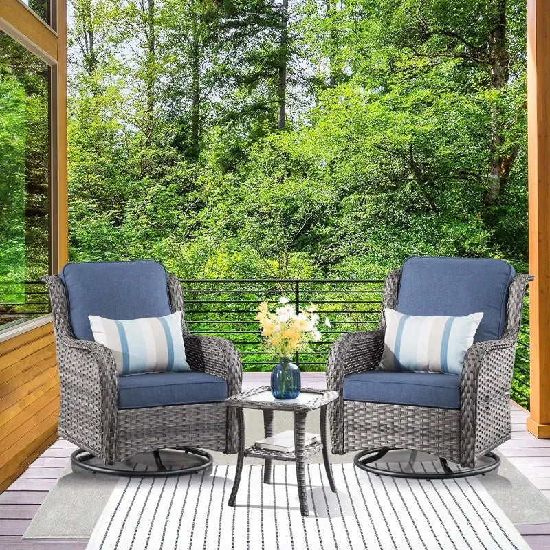 Patio Outdoor Wicker Swivel Rocking Chairs with Side Table, 3 Piece All Weather High Back Rocker Furniture Set for Garden