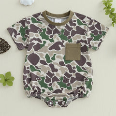 Toddler Boy Lightweight Cotton Short Sleeve Round Neck Camo Romper with Loose Fit and Snap Closure