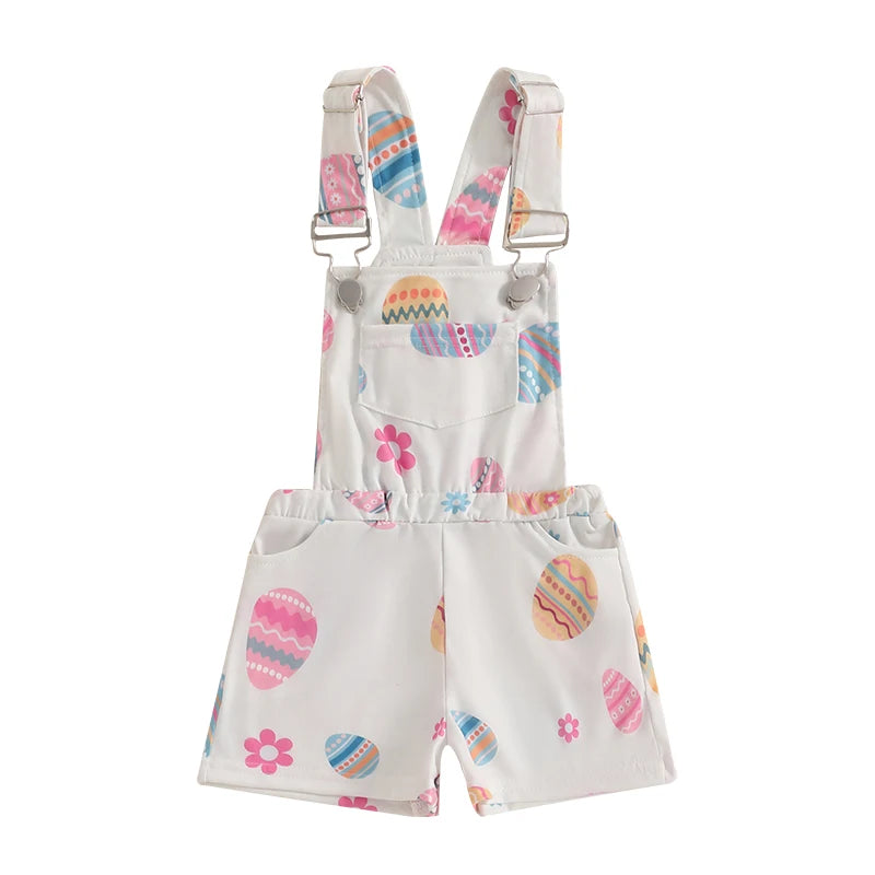 3-7Years Kids Girl Overalls Rompers Easter Egg/Bunny Print Sleeveless Square Neck Suspender Romper Toddlers Jumpsuit