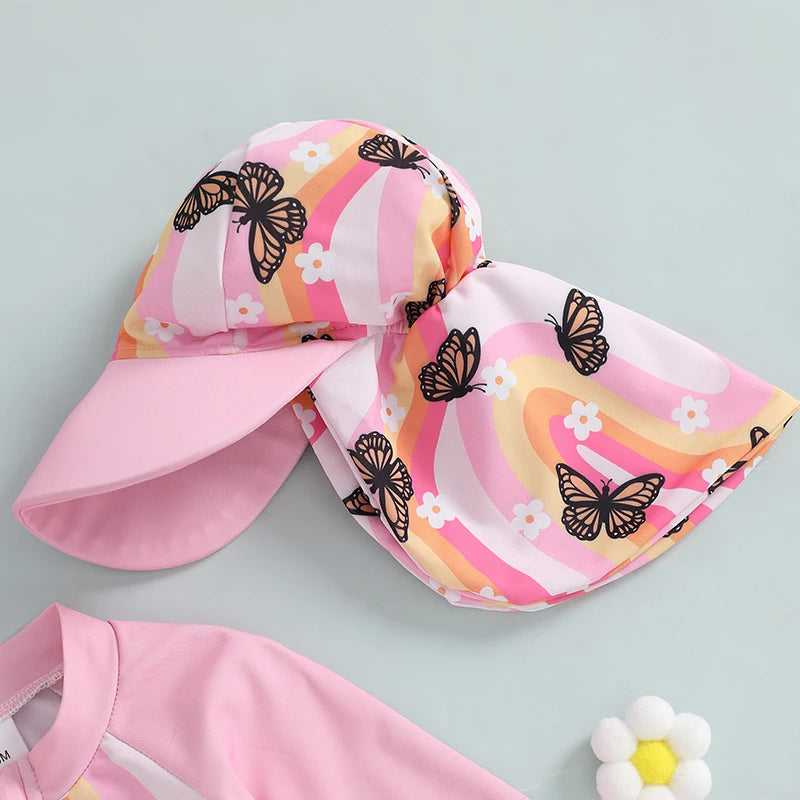 Baby Girl  Swimsuit Ruffle Sleeve Floral Print Swimwear with UPF 50 Sun Protection and Matching Hat