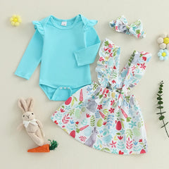 Adorable Infant Easter Ensemble with Bunny Print Suspender Skirt Solid Romper and Matching Headband - 3-Piece Set for Baby