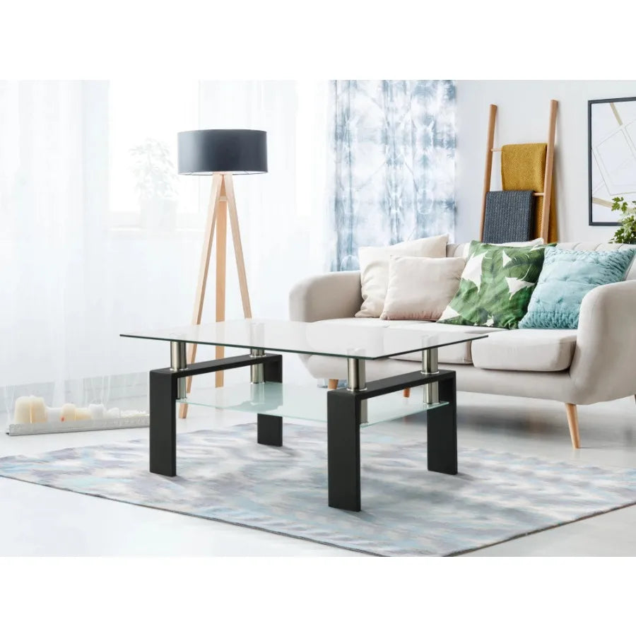 Rectangle Black Glass Coffee Table Clear Coffee Table Modern Side Center Tables for Living Room Furniture