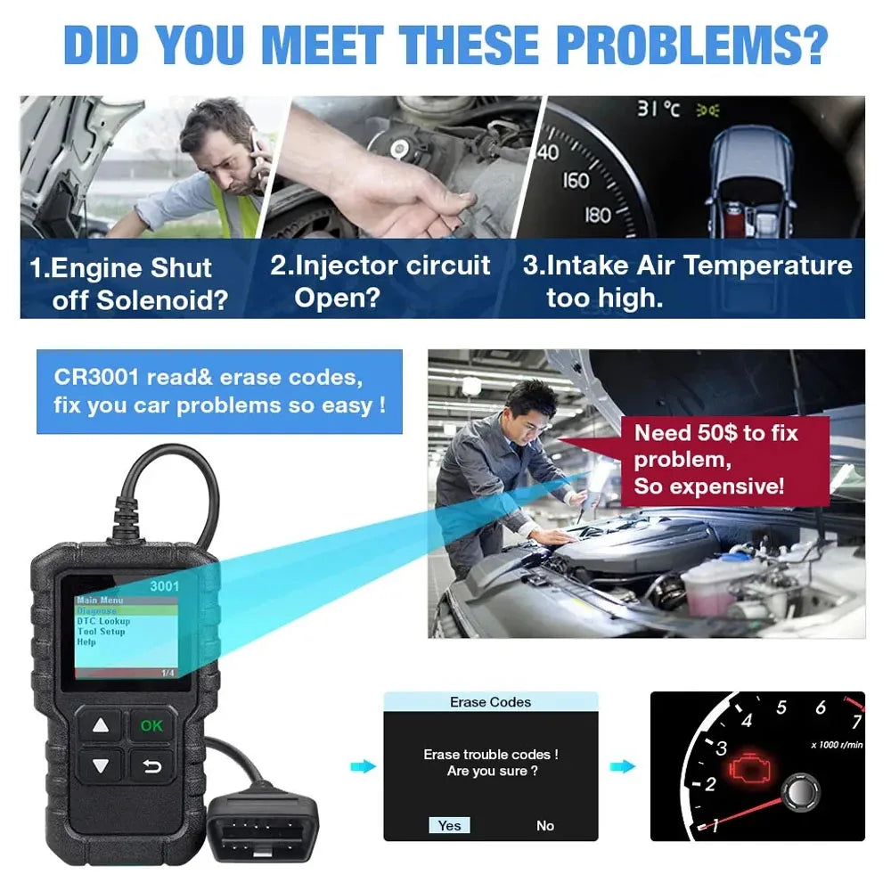 Car Diagnostic Tools X431 CR3001 Car Full OBD2 Automotive Multilingual Code Reader Scanner Check Engine Free Update