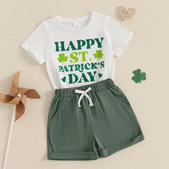 3-7Years Kids Boys Summer Outfit Short Sleeve Letters Print T-shirt with Casual Shorts Children 2Pieces Sets for St.Patricks Day