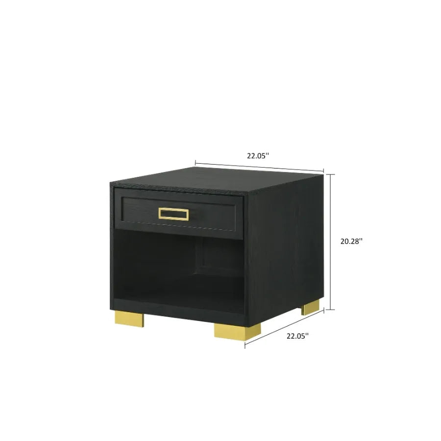 Contemporary Square End Table Storage Drawer Open Shelf Black Gold Metal Pull Knob Living Room Bedroom Wooden Modern Furniture