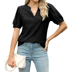 Women's Summer V-Neck Pleated Sleeve Short-Sleeved Casual Top-Shirt