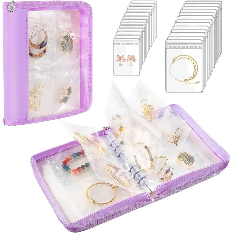 Travel Jewelry Organizer Case Jewelry Storage Book Transparent Jewelry Binder with 96 Portable Anti Tarnish Clear Zippered Pouc