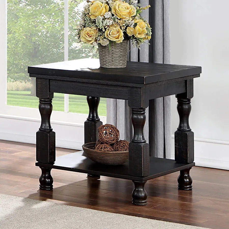 Rustic Style Antique Black 1pc End Table with Open Bottom Shelf Plank Style Top for Living Room Furniture